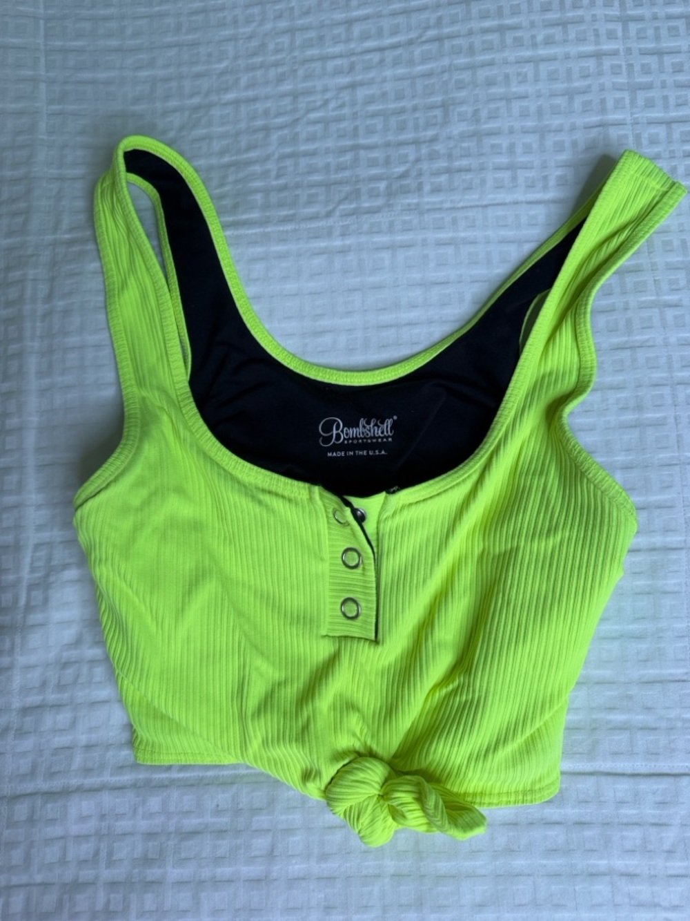Bombshell Sportswear Neon Lime Ribbed Tie-Front Crop Tank Top